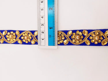 Royal Blue Silk Fabric Lace Trim Floral Embroidery & Indian Stones Kundan Embellishment, Decorative Sari Trim, Floral Border Trim By Yard